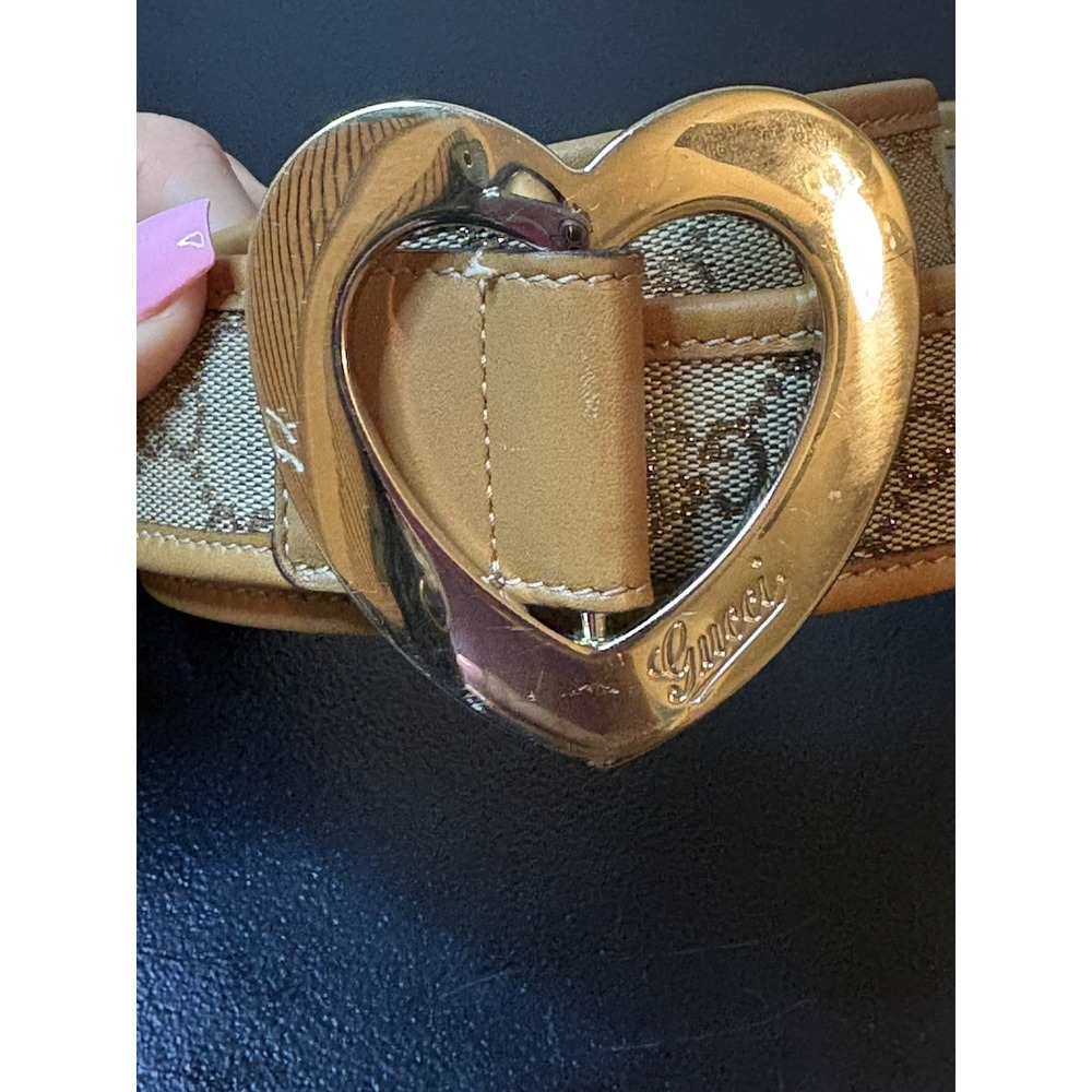 GUCCI Heart Belt Lovely Heart Buckle locking Leather GG Canvas Brown 90/36 - Picture 5 of 9